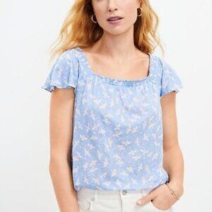 LOFT NWT Women's Size Large Blue Bee Print 100% Linen Flutter Sleeve Top